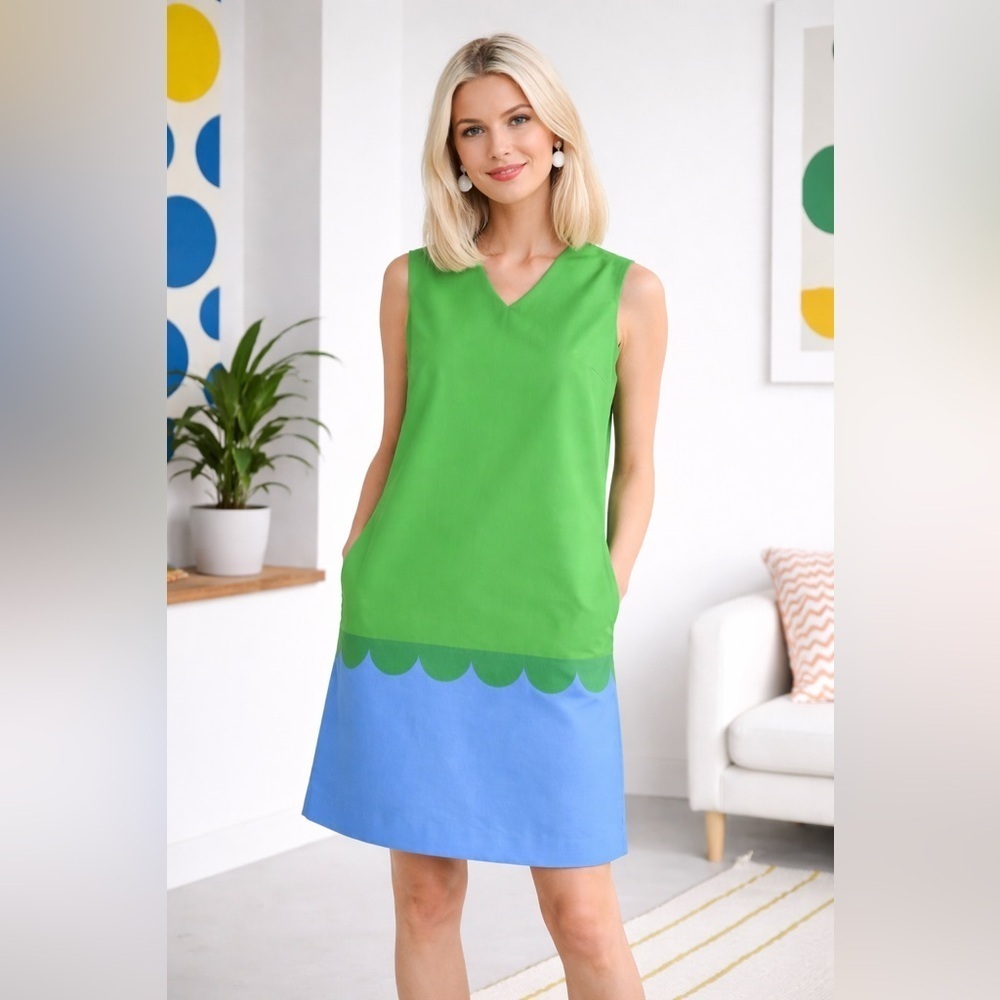 Marimekko Green and Blue Sleeveless Scallop Hem Dress